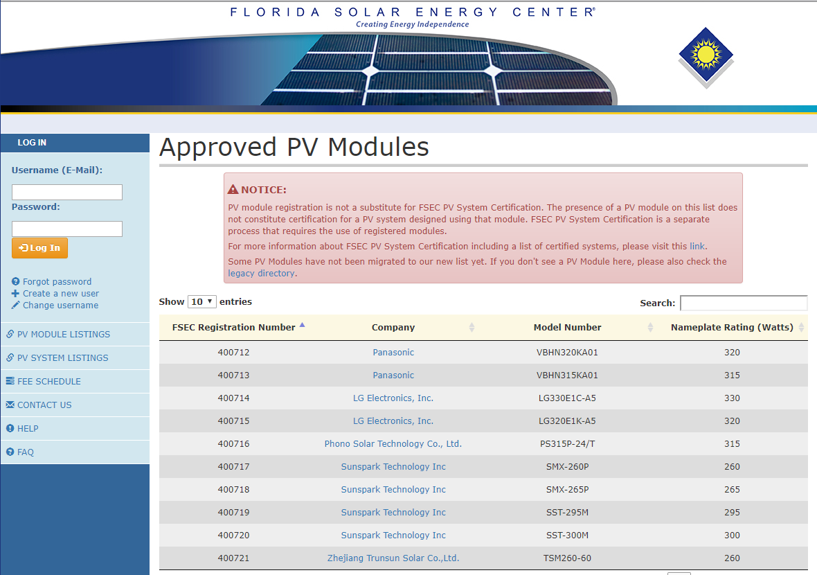 SunSpark PV module  in the list of FSEC
